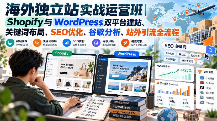 海外独立站实战运营班｜Shopify与WordPress双平台建站、关键词布局、SEO优化、谷歌分析、站外引流全流程-旺仔资源库