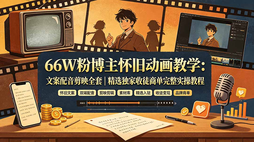 66W粉博主怀旧动画教学：文案配音剪映全套｜精选独家收徒商单完整实操教程-旺仔资源库