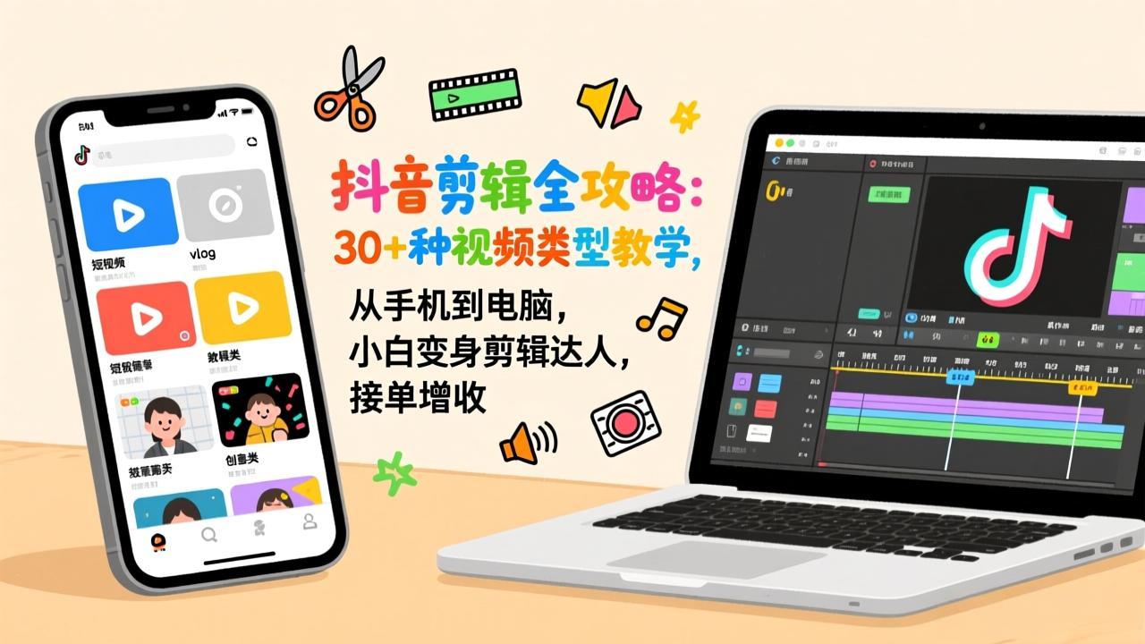 抖音剪辑全攻略：30+种视频类型教学，从手机到电脑，小白变身剪辑达人，接单增收-旺仔资源库