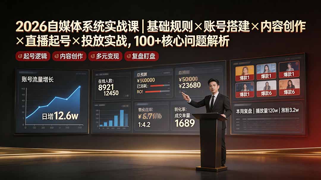 2026自媒体系统实战课｜基础规则×账号搭建×内容创作×直播起号×投放实战，100+核心问题解析-旺仔资源库