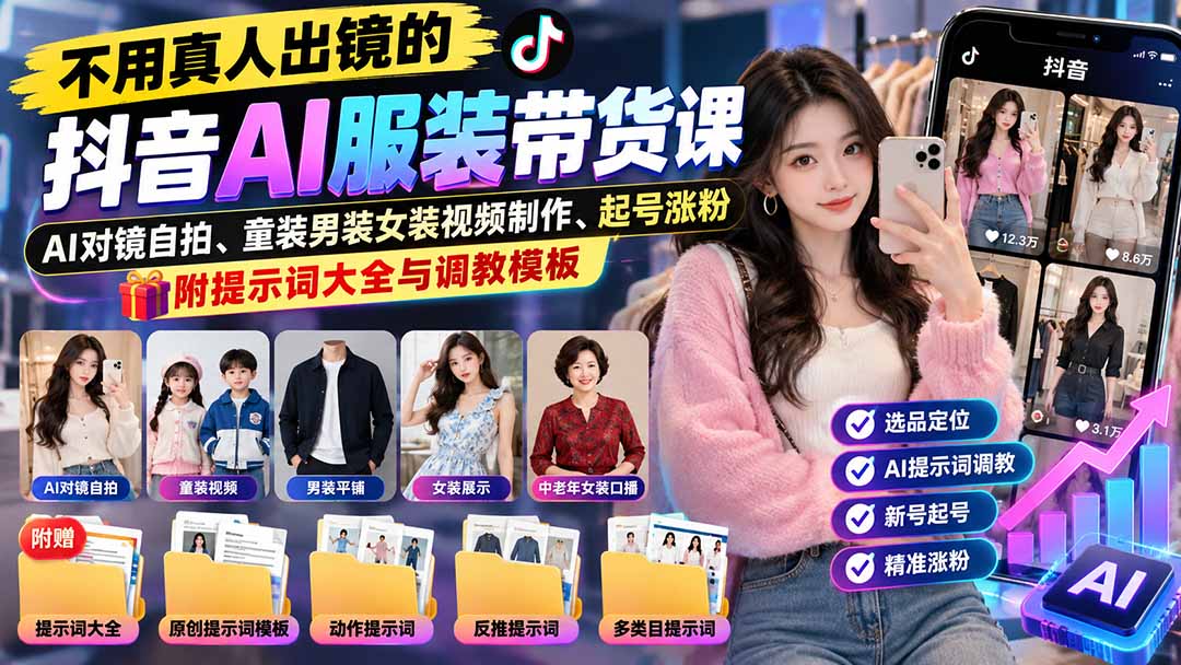 不用真人出镜的抖音AI服装带货课:AI对镜自拍、童装男装女装视频制作、起号涨粉,附提示词大全与调教模板-旺仔资源库