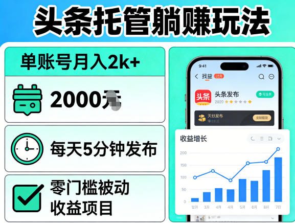 头条托管躺賺玩法，单账号月入2k+，每天5分钟发布即可，零门槛被动收益项目【揭秘】-旺仔资源库