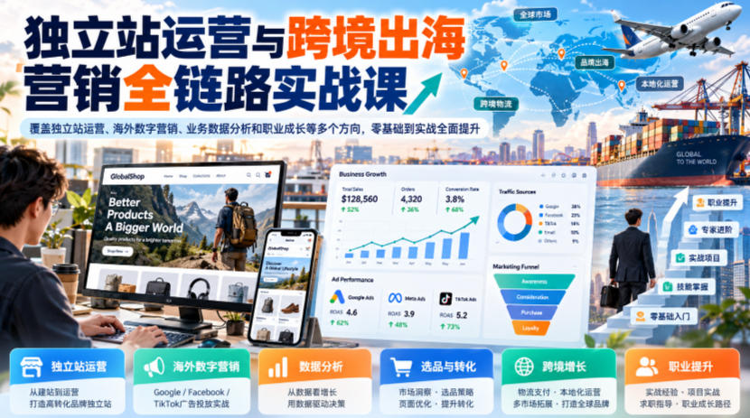 独立站运营与跨境出海营销全链路实战课，覆盖独立站运营、海外数字营销、业务数据分析和职业成长等多个方向，零基础到实战全面提升-旺仔资源库