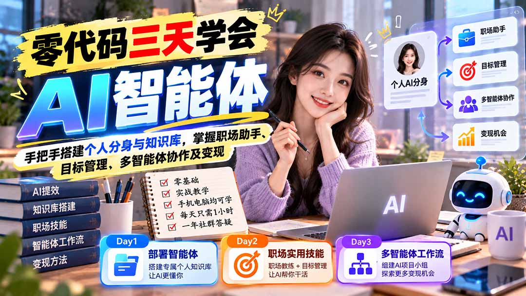 【无水印】零代码三天学会AI智能体：手把手搭建个人分身与知识库，掌握职场助手、目标管理、多智能体协作及变现-旺仔资源库