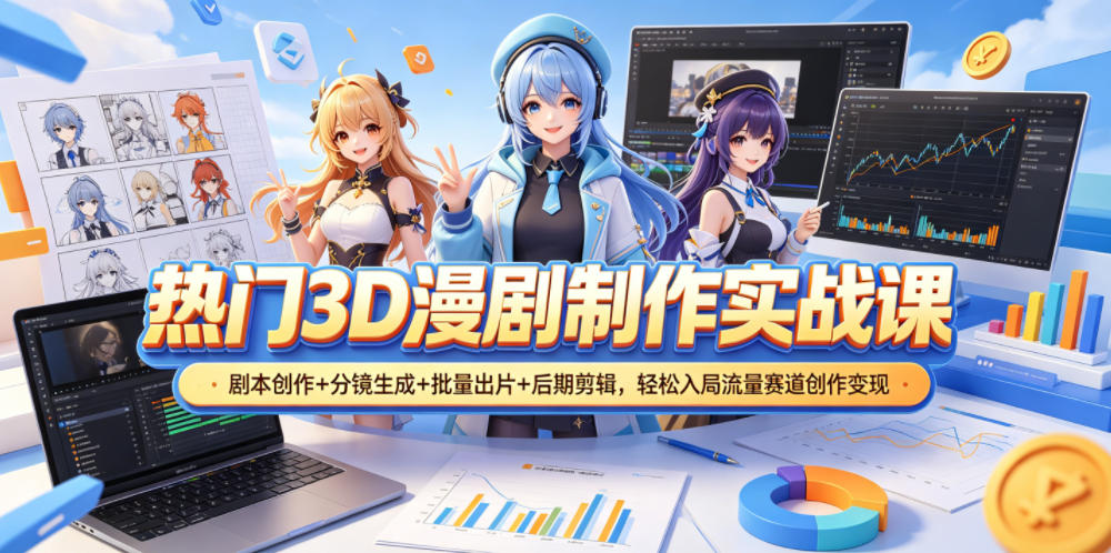 热门3D漫剧制作实战课,剧本创作+分镜生成+批量出片+后期剪辑,轻松入局流量赛道创作变现-旺仔资源库