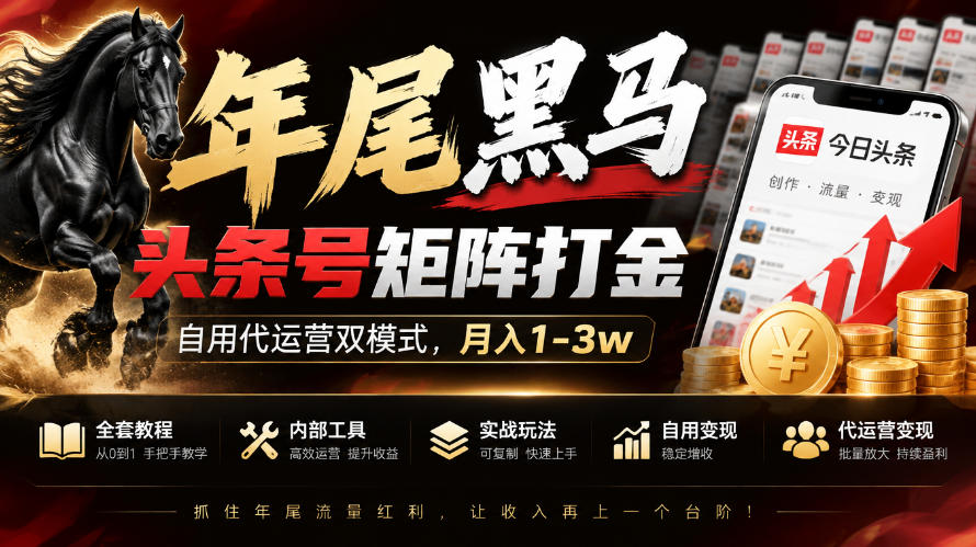 【年尾黑马】头条号矩阵打金，自用代运营双模式，月入1-3w，附全套教程及内部工具【揭秘】-旺仔资源库