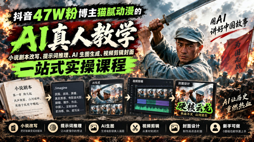 抖音47W粉博主猫腻动漫的AI真人漫剧教学,小说剧本改写、提示词推理、AI生图生成、视频剪辑封面一站式实操课程-旺仔资源库