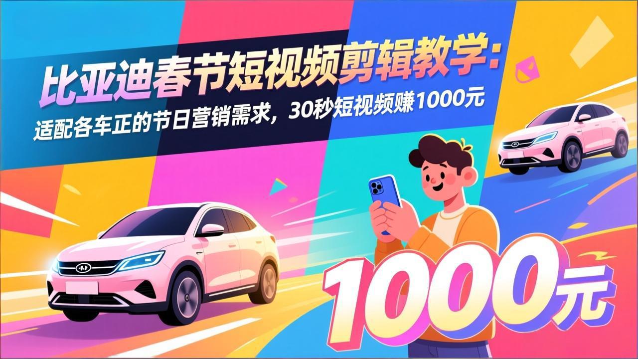 比亚迪春节短视频剪辑教学：适配各车企的节日营销需求，30秒短视频赚1000元-旺仔资源库