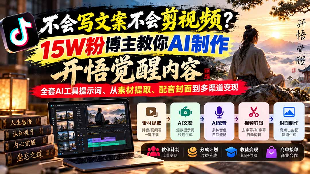 不会写文案不会剪视频？15W粉博主教你AI制作开悟觉醒内容，全套AI工具提示词、从素材提取、配音封面到多渠道变现-旺仔资源库
