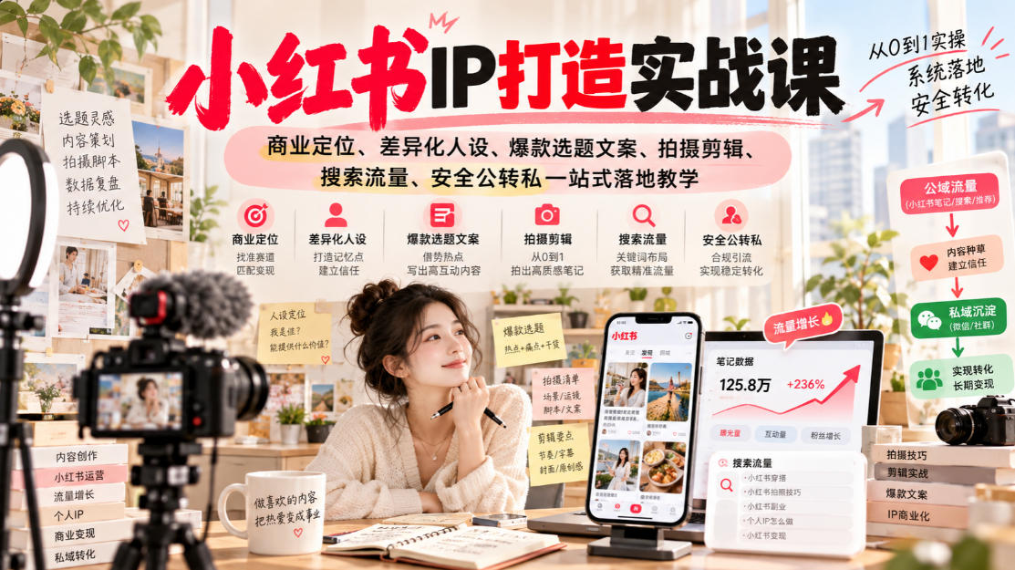 小红书ip打造实战课,商业定位、差异化人设、爆款选题文案、拍摄剪辑、搜索流量、安全公转私一站式落地教学-旺仔资源库