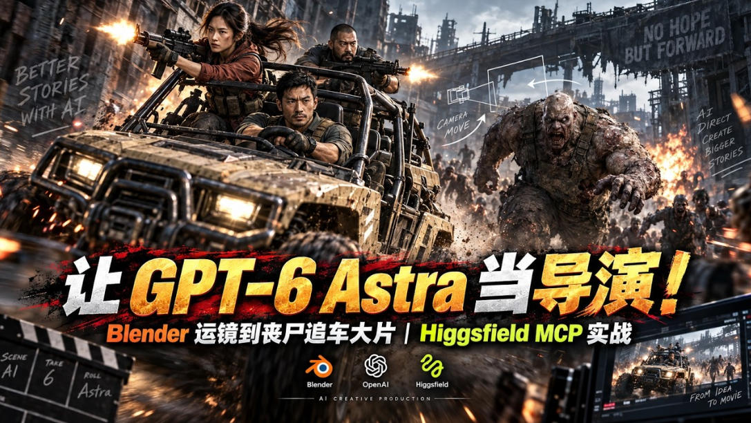 让GPT-6 Astra当导演!Blender运镜到丧尸追车大片|Higgsfield MCP实战-旺仔资源库