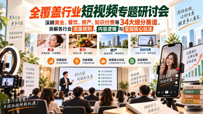 短视频专题研讨会，深耕美业、餐饮、房产、知识付费等34大细分赛道，拆解各行业流量规则、内容逻辑与变现核心玩法-旺仔资源库