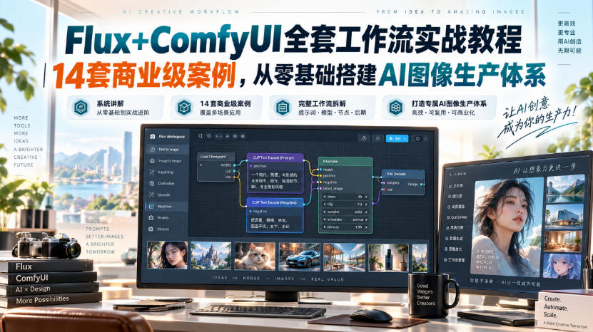 Flux+ComfyUI全套工作流实战教程|14套商业级案例,从零基础搭建AI图像生产体系-旺仔资源库