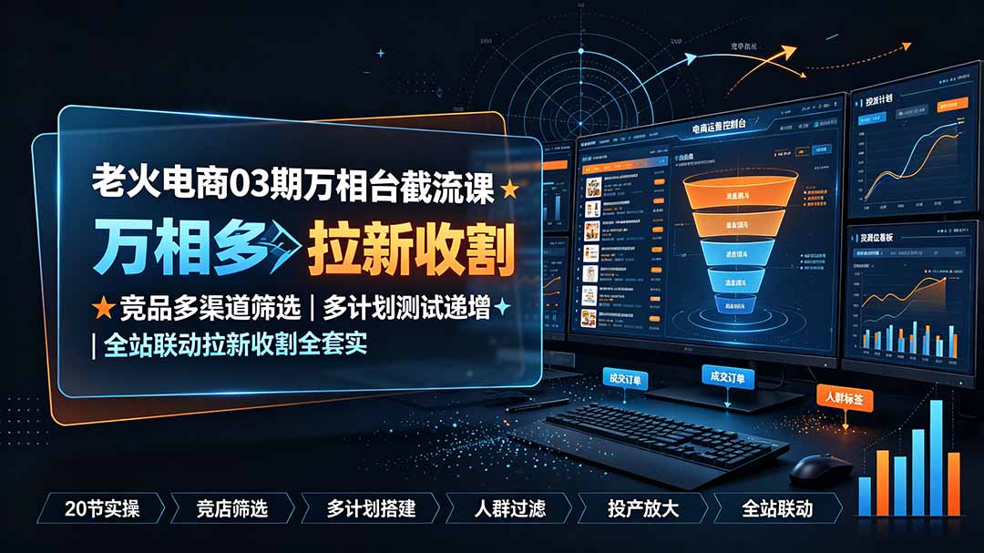 老火电商03期万相台截流课:竞品多渠道筛选|多计划测试递增|全站联动拉新收割全套实操教学-旺仔资源库