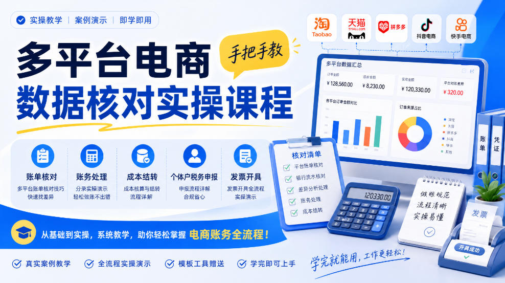 多平台电商数据核对实操课程,手把手教账单核对、账务处理、成本结转、个体户税务申报与发票开具-旺仔资源库