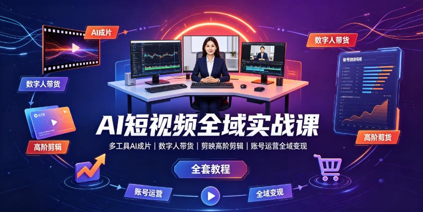 AI短视频全域实战课｜多工具AI成片、数字人带货、剪映高阶剪辑、账号运营全域变现全套教程-旺仔资源库