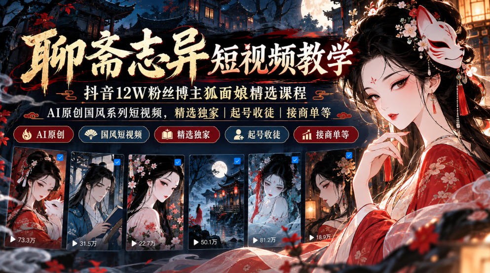 聊斋志异短视频教学，抖音12W粉丝博主狐面娘精选课程，AI原创国风系列短视频，精选独家丨起号收徒丨接商单等-旺仔资源库