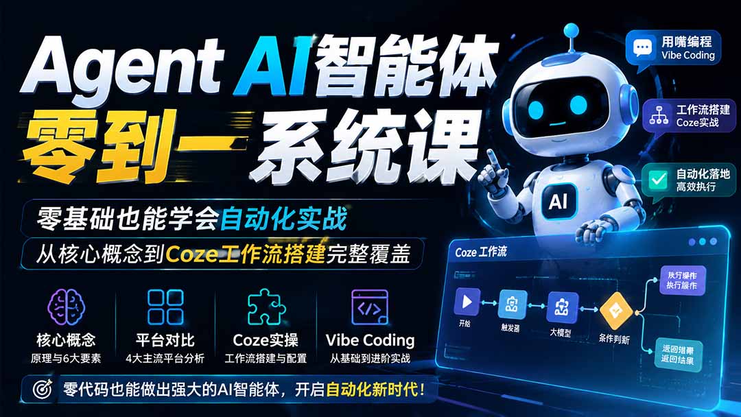 Agent AI智能体零到一系统课；零基础也能学会自动化实战，从核心概念到Coze工作流搭建完整覆盖-旺仔资源库