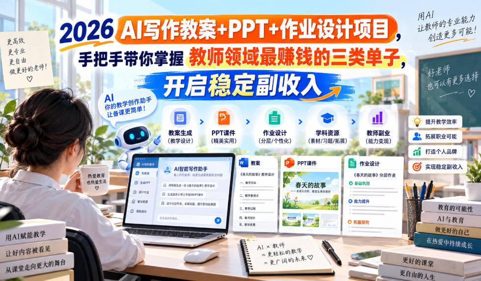 2026 AI写作教案+PPT+作业设计项目,手把手带你掌握教师领域最賺钱的三类单子,开启稳定副收入-旺仔资源库