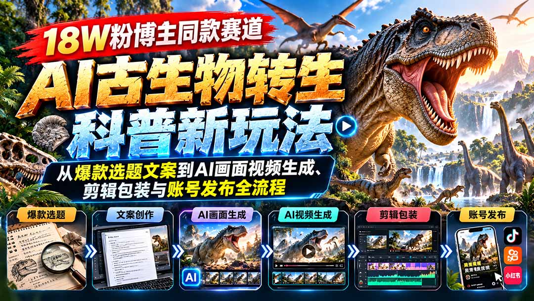 18W粉博主同款赛道-AI古生物转生科普新玩法:从爆款选题文案到AI画面视频生成、剪辑包装与账号发布全流程-旺仔资源库