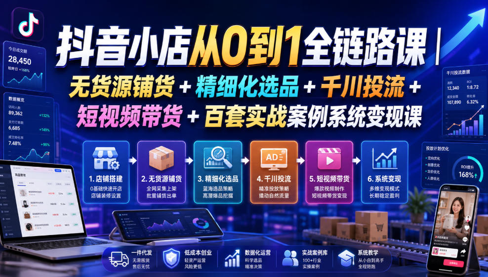 抖音小店从0到1全链路课|无货源铺货+精细化选品+千川投流+短视频带货+百套实战案例系统变现课(2026年7月更新)-旺仔资源库