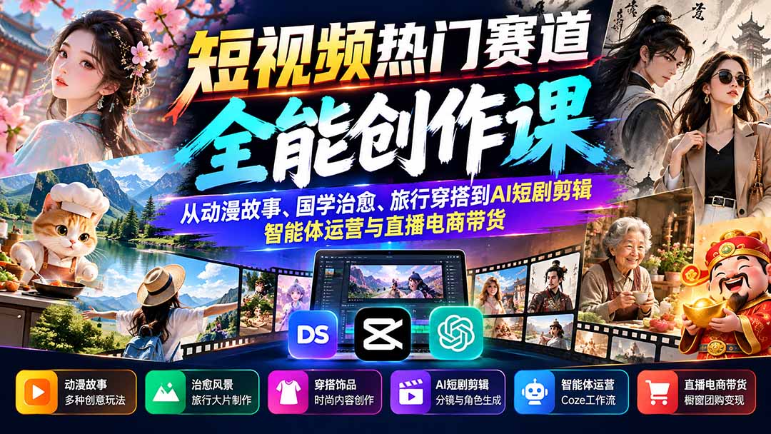 短视频热门赛道全能创作课:从动漫故事、国学治愈、旅行穿搭到AI短剧剪辑、智能体运营与直播电商带货-旺仔资源库