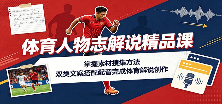 体育人物志解说精品课:掌握素材搜集方法,双类文案搭配配音完成体育解说创作-旺仔资源库