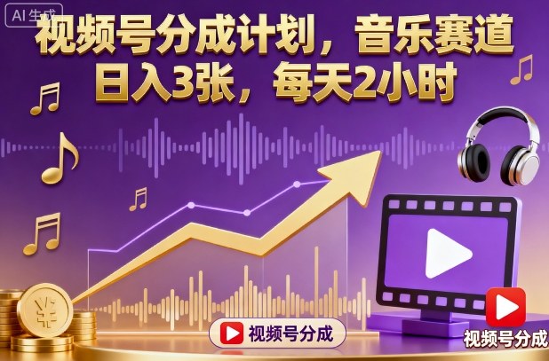 视频号分成计划,音乐赛道,日入3张,每天2小时-旺仔资源库
