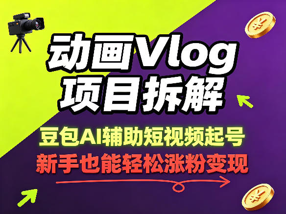 动画Vlog项目拆解，豆包AI辅助短视频起号，新手也能轻松涨粉，43条作品涨粉8.3W-旺仔资源库