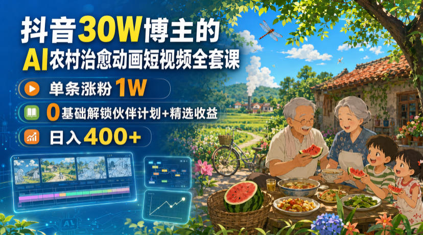 抖音30W博主的AI农村治愈动画短视频全套课｜单条涨粉1W，0基础解锁伙伴计划+精选收益，日入400+-旺仔资源库