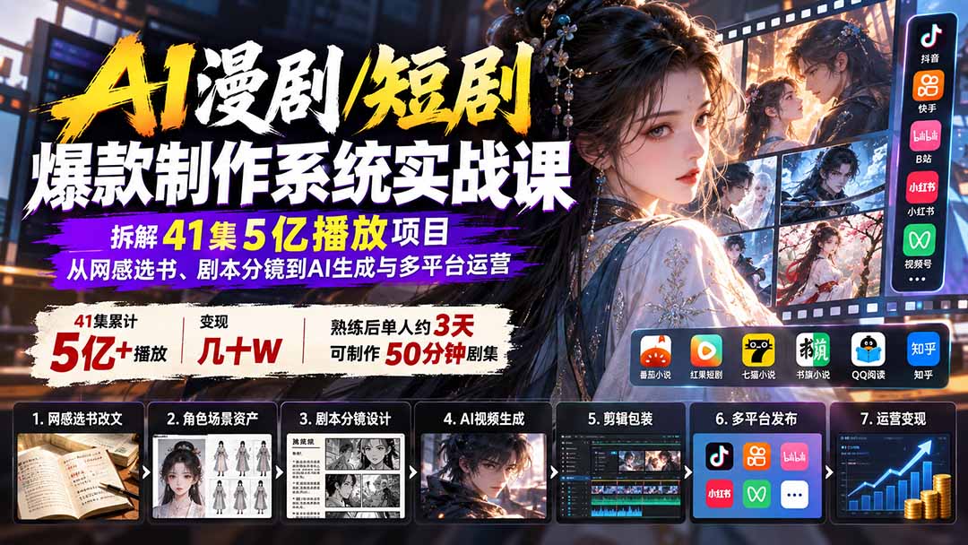 AI漫剧/短剧爆款制作系统实战课：拆解41集5亿播放项目，从网感选书、剧本分镜到AI生成与多平台运营-旺仔资源库