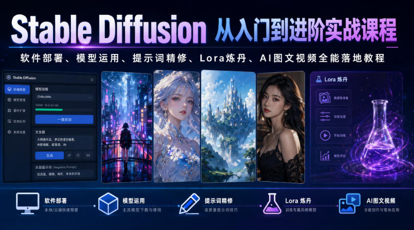 Stable Diffusion从入门到进阶实战课程|软件部署、模型运用、提示词精修、Lora炼丹、AI图文视频全能落地教程-旺仔资源库