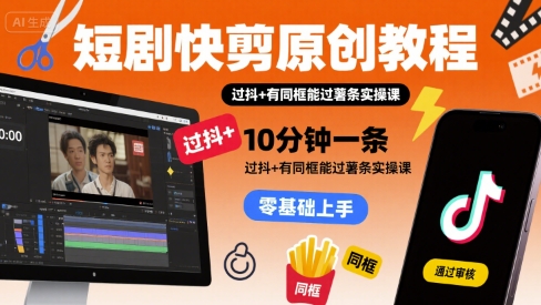短剧快剪原创教程，10分钟一条，过抖+有同框能过薯条实操课-旺仔资源库