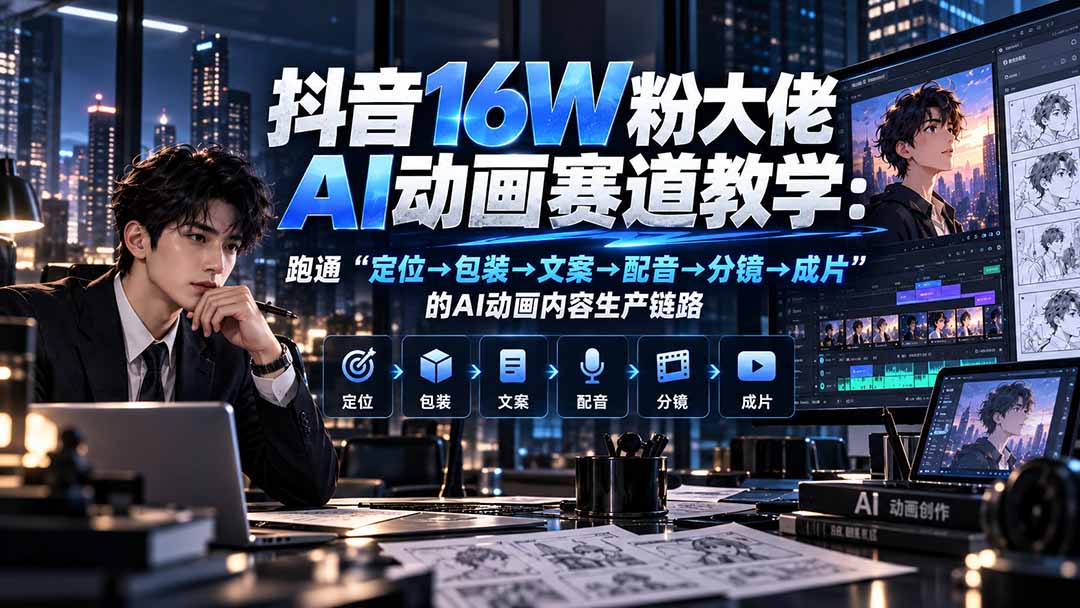 抖音16W粉大佬规则门禁AI动画赛道教学：跑通“定位→包装→文案→配音→分镜→成片”的AI动画内容生产链路-旺仔资源库