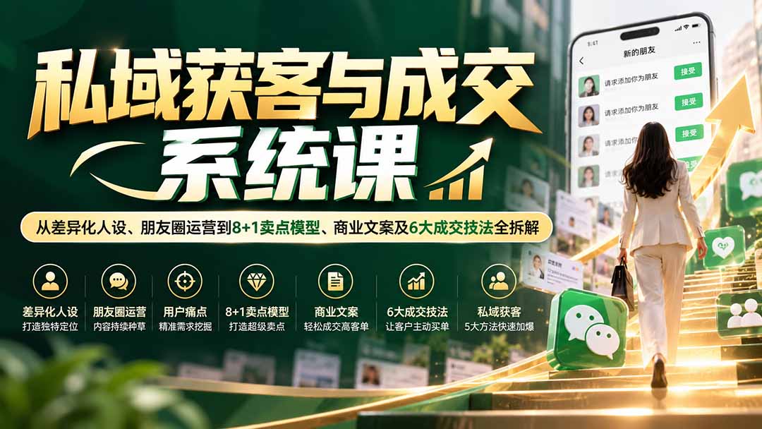 私域获客与成交系统课:从差异化人设、朋友圈运营到8+1卖点模型、商业文案及6大成交技法全拆解-旺仔资源库