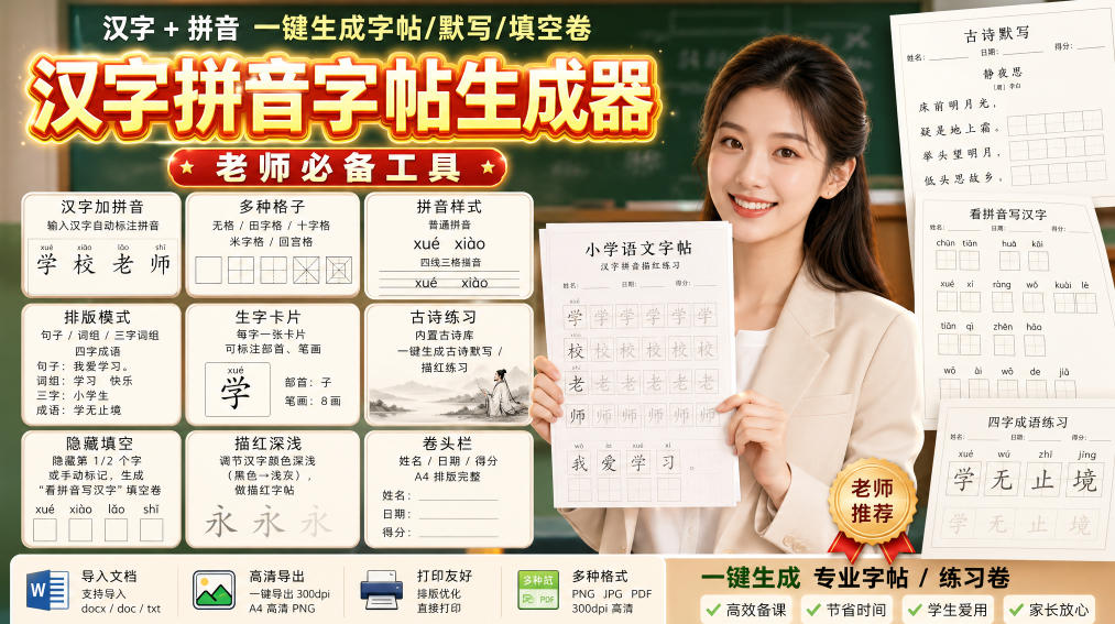 学习神器,汉字拼音字帖生成器,汉字+拼音 一键生成字帖/默写/填空卷,支持词组、成语,老师、家长必备-旺仔资源库
