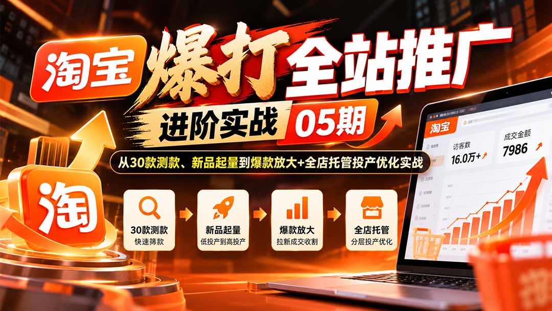 淘宝爆打全站推广进阶实战05期：从30款测款、新品起量到爆款放大+全店托管投产优化实战-旺仔资源库