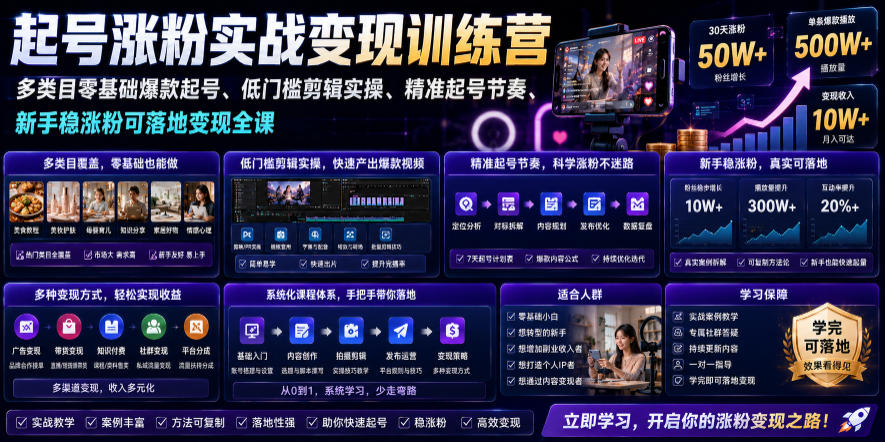 苗子起号涨粉实战变现训练营,多类目零基础爆款起号、精准起号节奏、新手稳涨粉可落地变现全课(更新0719)-旺仔资源库