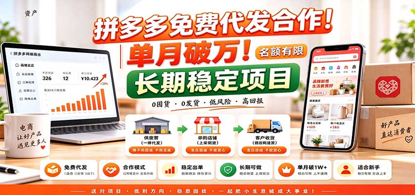 拼多多免费代发合作|单月破万!长期稳定项目,名额有限-旺仔资源库