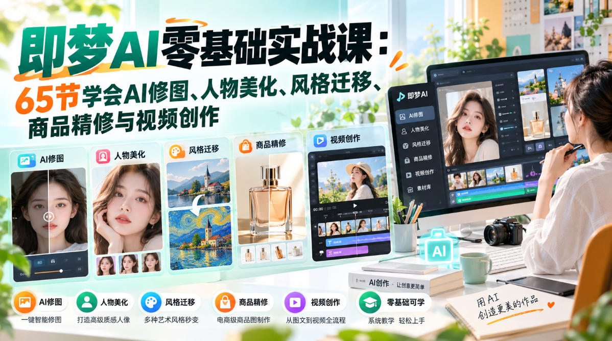 即梦AI零基础实战课：65节学会AI修图、人物美化、风格迁移、商品精修与视频创作-旺仔资源库