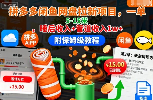 拼多多闲鱼网盘拉新项目，一单5-15米，睡后收入+管道收入1w+(附保姆级教程)-旺仔资源库