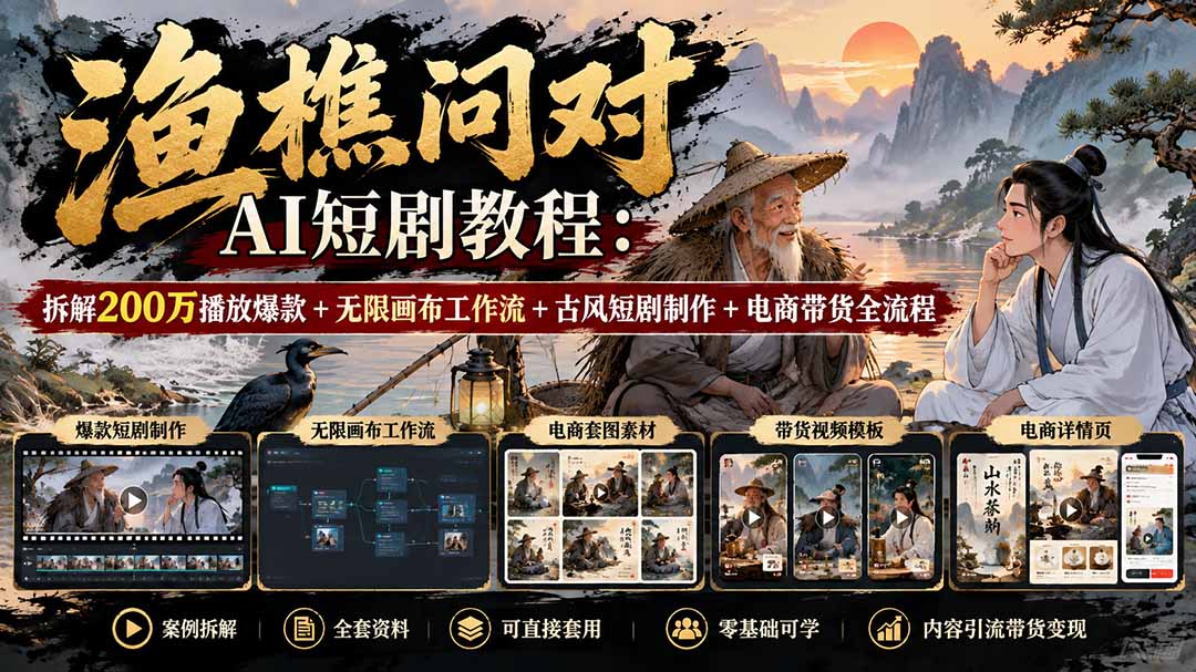 【无水印】渔樵问对AI短剧教程：拆解200万播放爆款+无限画布工作流+古风短剧制作+电商带货全流程-旺仔资源库