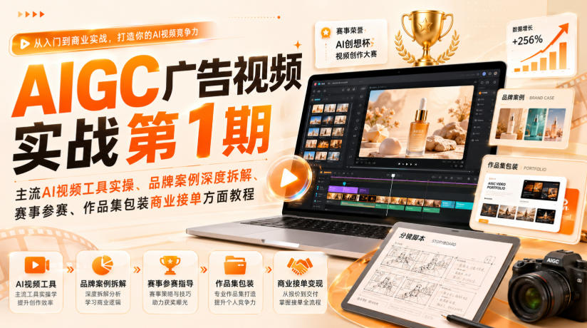 AIGC广告视频实战第1期,主流AI视频工具实操、品牌案例深度拆解、赛事参赛、作品集包装商业接单方面教程-旺仔资源库