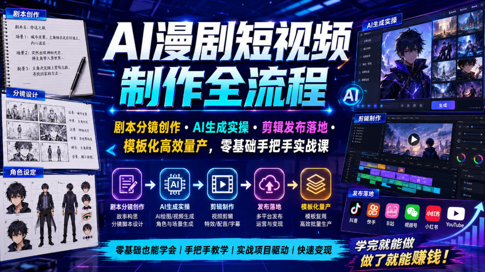 AI漫剧短视频制作全流程|剧本分镜创作・AI生成实操・剪辑发布落地・模板化高效量产,零基础手把手实战课-旺仔资源库