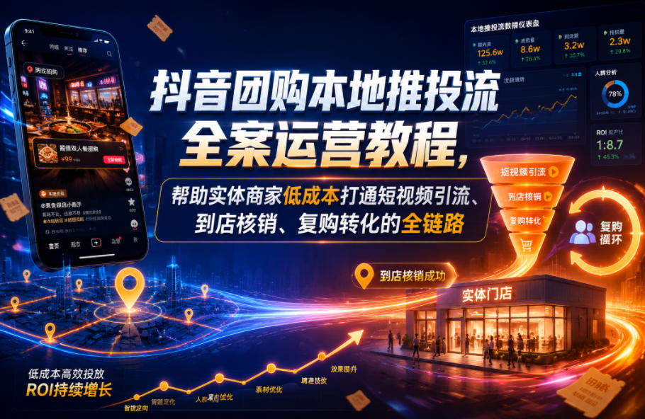 抖音团购本地推投流全案运营教程,帮助实体商家低成本打通短视频引流、到店核销、复购转化的全链路-旺仔资源库