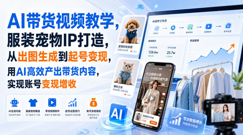 AI带货视频教学,服装宠物IP打造,从出图生成到起号变现,用AI高效产出带货内容,实现账号变现增收-旺仔资源库