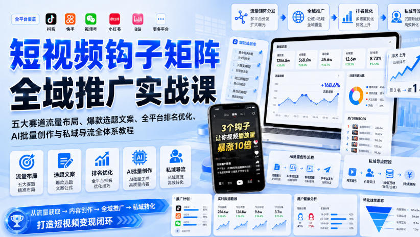 短视频钩子矩阵全域推广实战课|五大赛道流量布局、爆款选题文案、全平台排名优化、AI批量创作与私域导流全体系教程-旺仔资源库