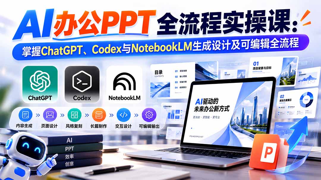 【无水印】AI办公PPT全流程实操课： 掌握ChatGPT、Codex与NotebookLM生成设计及可编辑全流程-旺仔资源库