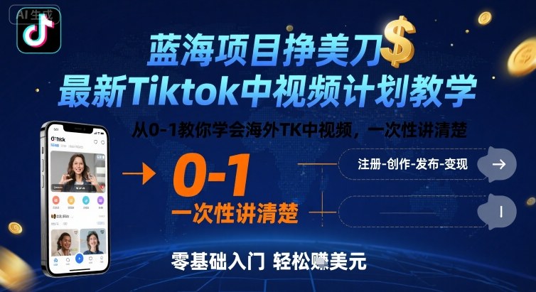 蓝海项目挣美刀，最新Tiktok中视频计划教学，从0-1教你学会海外TK中视频，一次性讲清楚-旺仔资源库