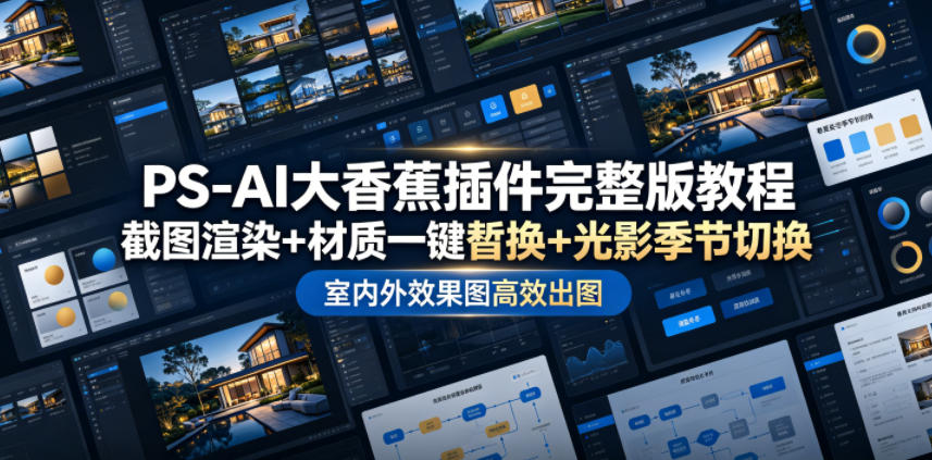 PS-AI大香蕉插件完整版教程，截图渲染+材质一键替换+光影季节切换，室内外效果图高效出图高阶课程-旺仔资源库